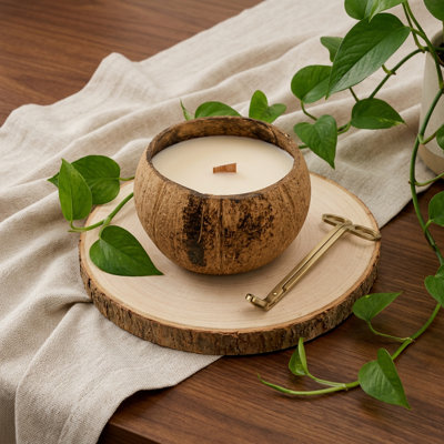 4" Ivory Lavender And Sage Scented Candle In Brown Coconut Shell Holder