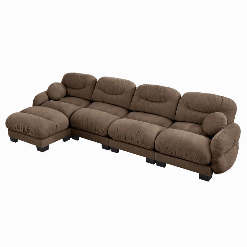Canapé modulaire confortable en tissu de chenille plissé 4 places, L 150,3 po, Chenille brun