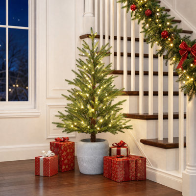 Sapin de Noël artificiel en pot de 120 cm, préilluminé avec 100 lumières DEL blanc chaud, pot décoratif texturé