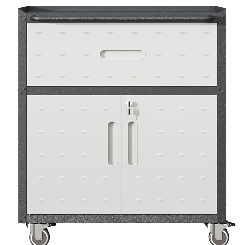 Metal Rolling Garage Cabinet With 1 Drawer - 28.98"W X 16.17"D 33.81"H, 2 Locking Doors, Black And Gray Storage, Mobile Tool For Door Wheels Drawer, , &