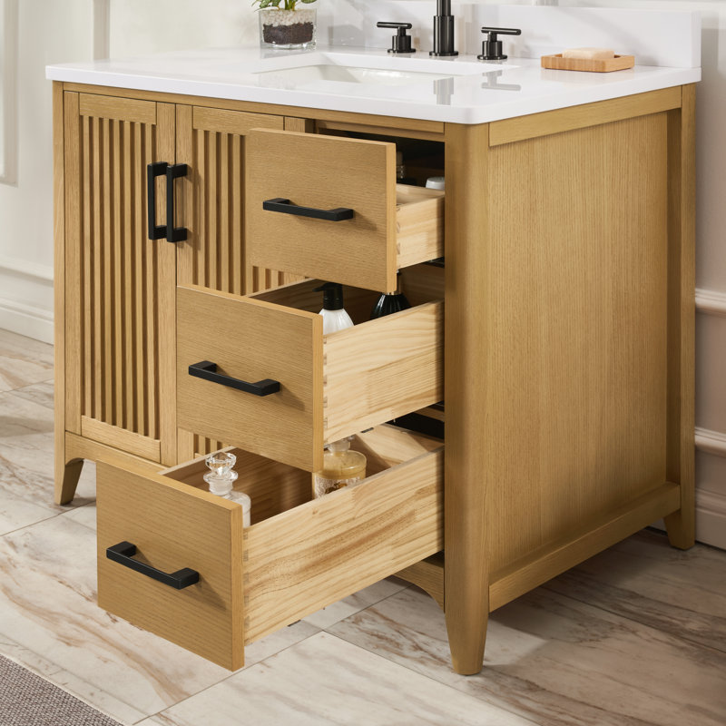 Meuble-lavabo en bois massif 36 po avec rangement de chargement USB, Bois de chêne
