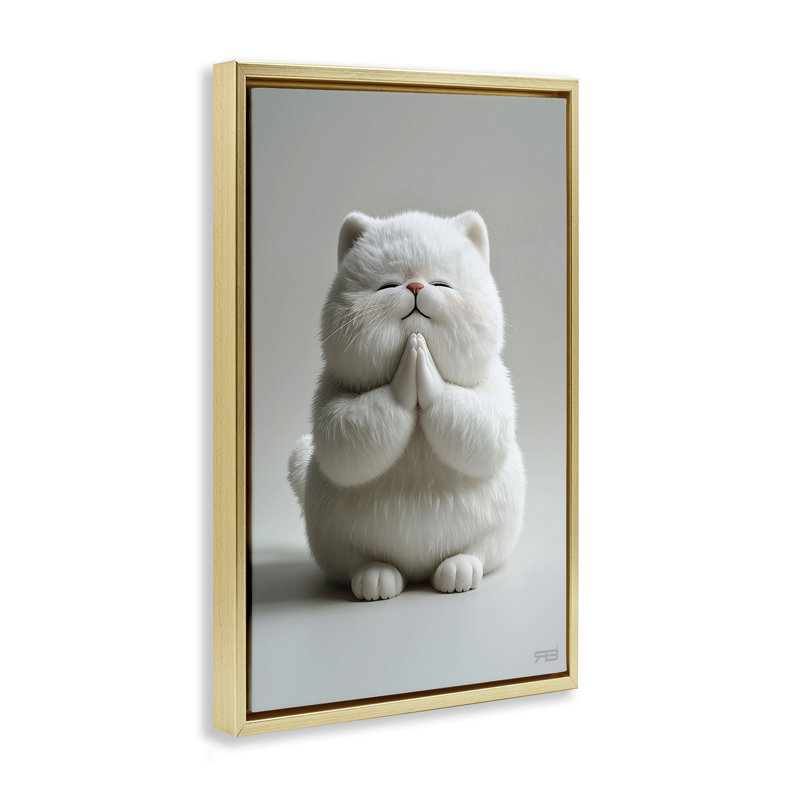 «Fluffy Praying Cat» par Roozbeh Bahramali, H 25 po x l 17 po, Cadre flottant métallique doré