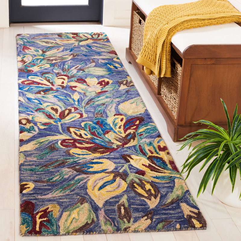 Tapis bleu / violet en laine et coton touffeté à la main Keenin, Tapis de couloir 2 pi 3 po x 8 pi