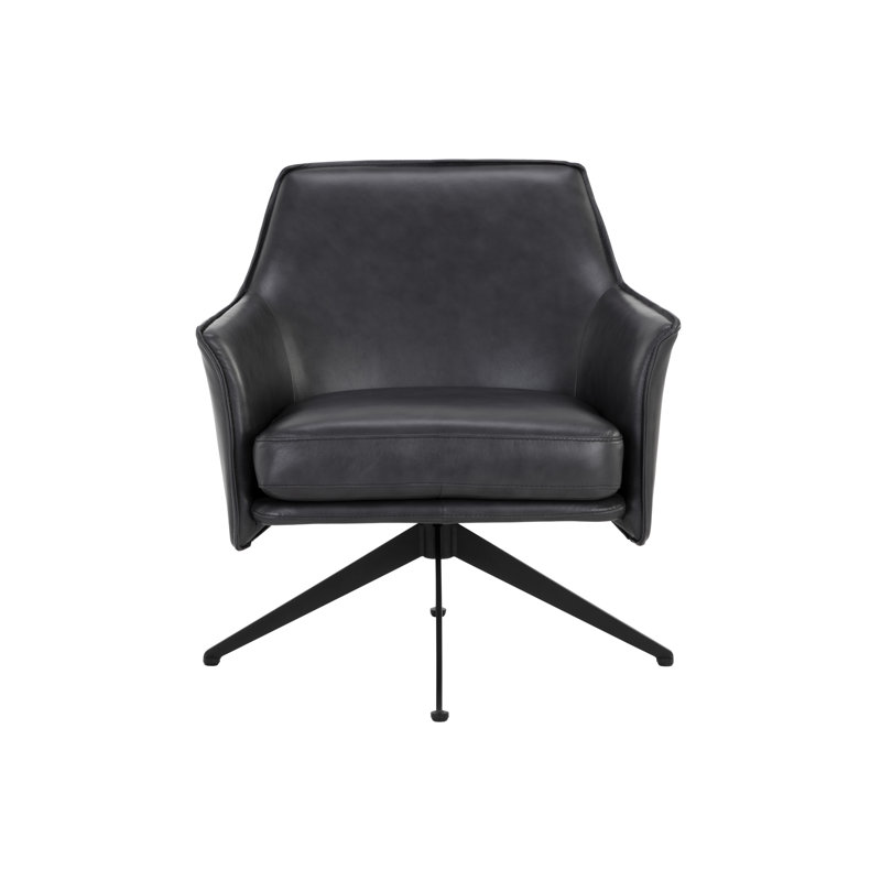 28.5'' Wide Genuine Leather Cowhide Swivel Lounge Chair - Black, Black Genuine Leather