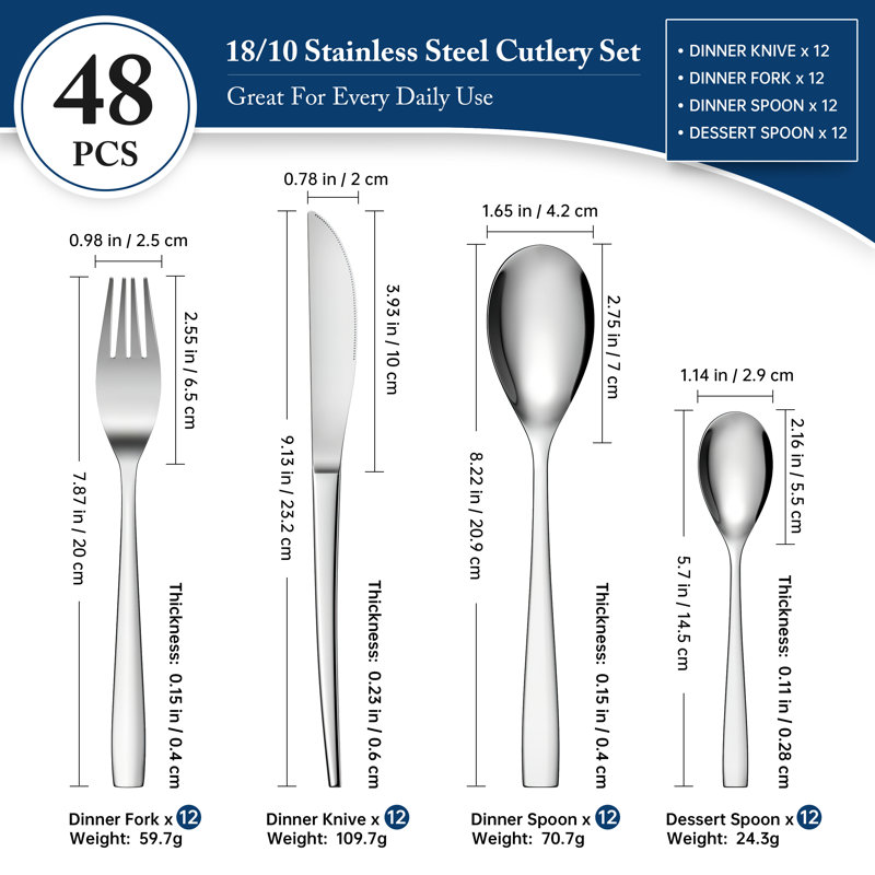 Vancasso VUOTQUIK Black Cutlery Set For 12 People, 48 Piece Tableware Cutlery Set For Home Restaurant Party, Silver