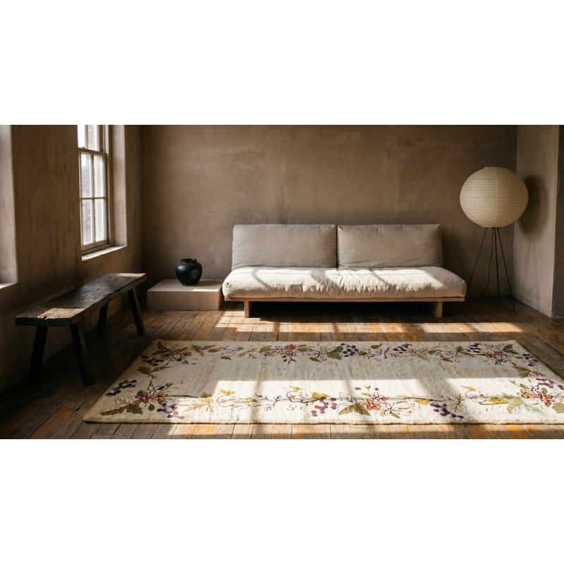 Antique Wool Ivory Beige Cream White Hooked 1930s American Floral Rug