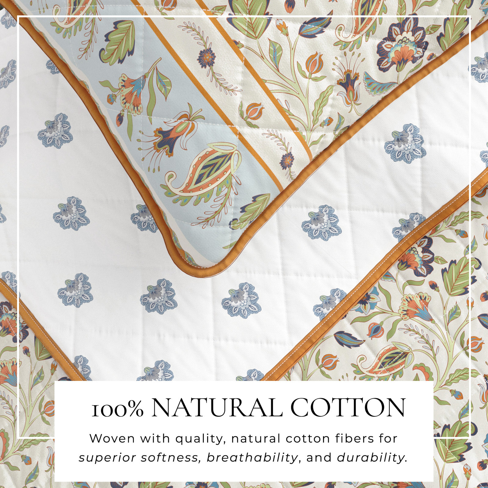Floral Bordered Cotton Quilt Set, Ivory Floral, King Quilt + 2 King Shams