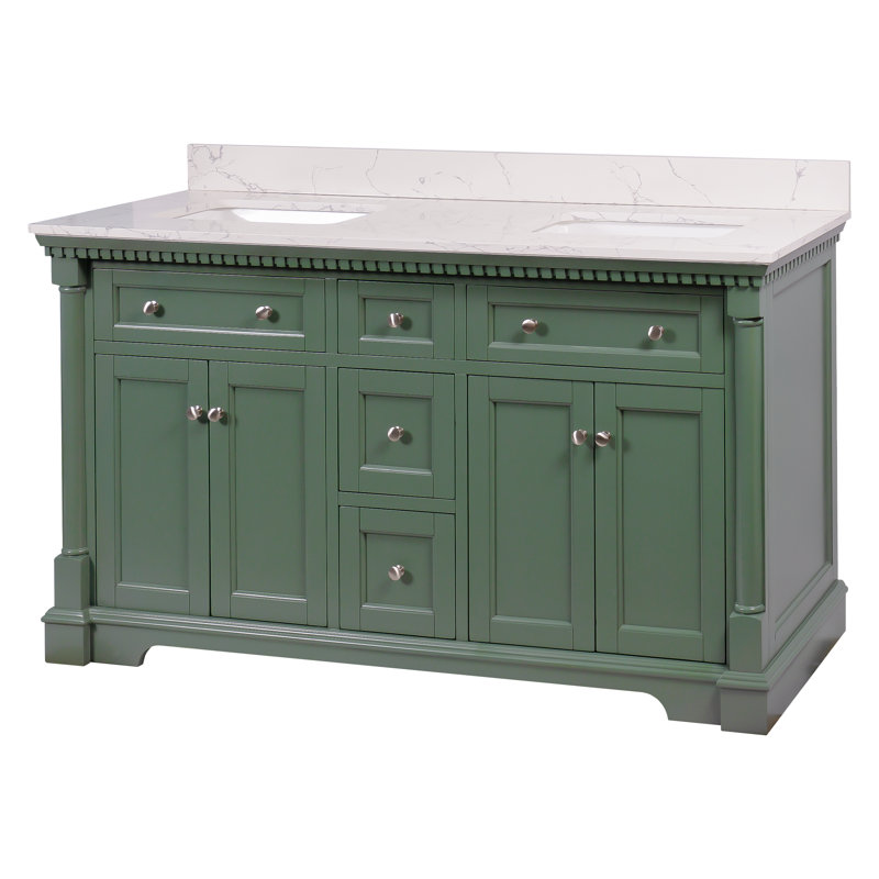 Fossen 60" Double Bathroom Vanity Set with Sage Green Cabinet and Engineered Marble Countertop, Sage Green, Engineered Marble