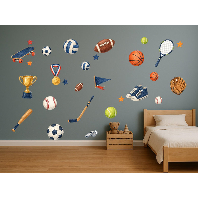 Sports Wall Decals, Set of 28 Peel and Stick Nursery Wall Stickers, Satin Finish Removable Kids Room Wall Art, 20"W x 20"H (50 x 50 cm)