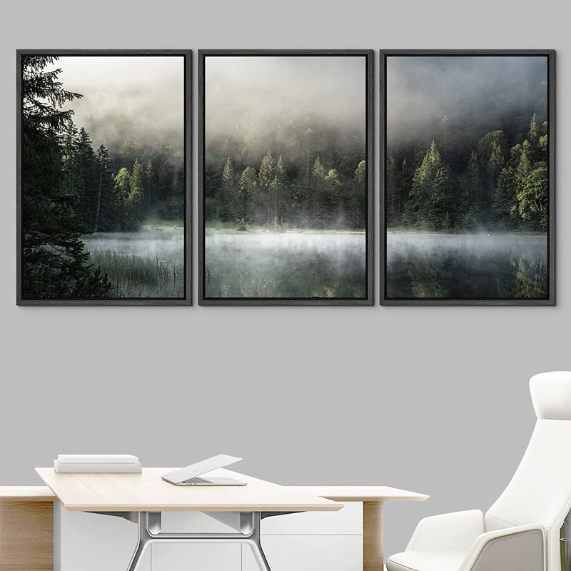 «Nature Landscape Forest Lake Covered in Fog Natural Landscape», reproduction de photo sur toile flottante 3 pièces, Noir