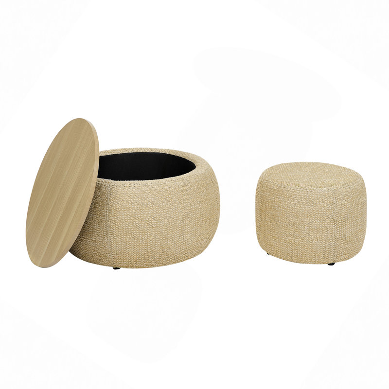 Round Storage Ottoman, Woven Rattan Fabric Ottoman, 2 In 1 Function, Work As End Table And Ottoman,With Small Seat-Nature