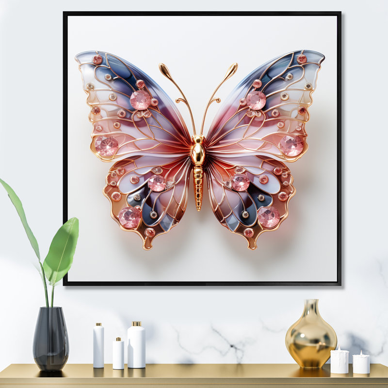 «Blue and Pink Crystal Butterfly II», art mural papillon, Cadre flottant noir, H 36 po x l 36 po x P 1,5 po