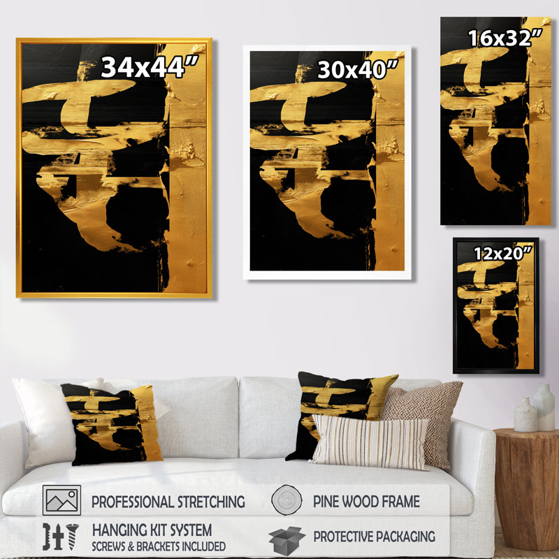 «Gold», art japonais doré, H 32 po x l 16 po x P 1 po, Cadre simple noir