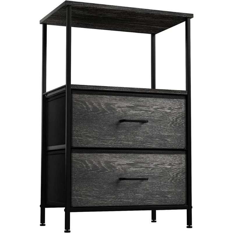 Sorbus 2 Drawers and Shelves Nightstand with Steel Frame, Wood Top & Fabric Bins in Rustic, Black