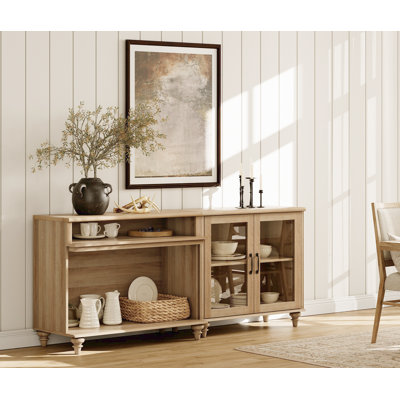 Scarlett Sideboard Cabinet With 2 Glass Doors And 2 Open Shelves, Vintage Wood Grain Design, Buffet Cabinet With Storage, Coffee Bar For Dinning Room, Kitchen, And Living Room, Oak, 71 Inch