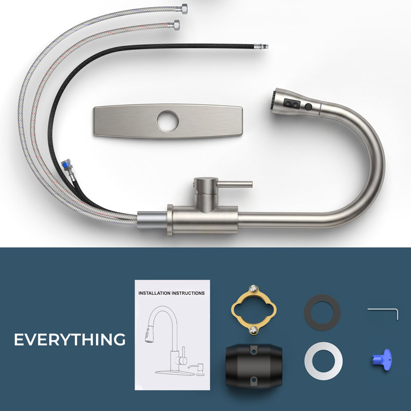 Robinet de cuisine rétractable à poignée simple avec accessoires, Nickel brossé