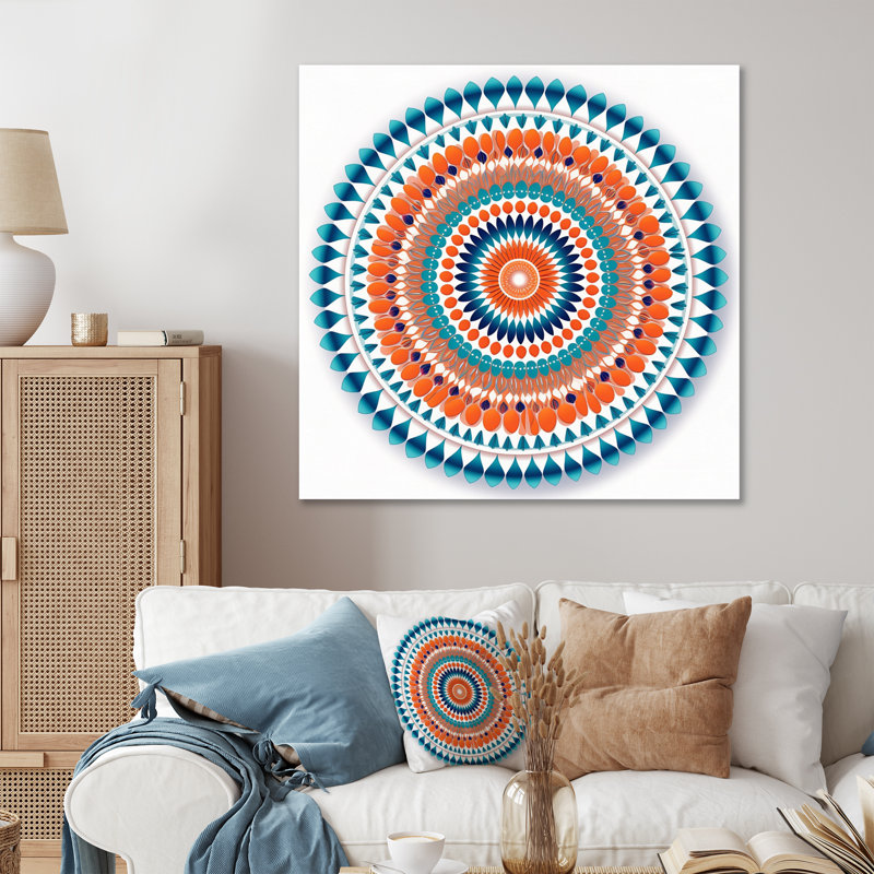 Exquis mandala en rétro bleu et orange sur toile, H 30 po x l 30 po x P 1 po, Toile tendue