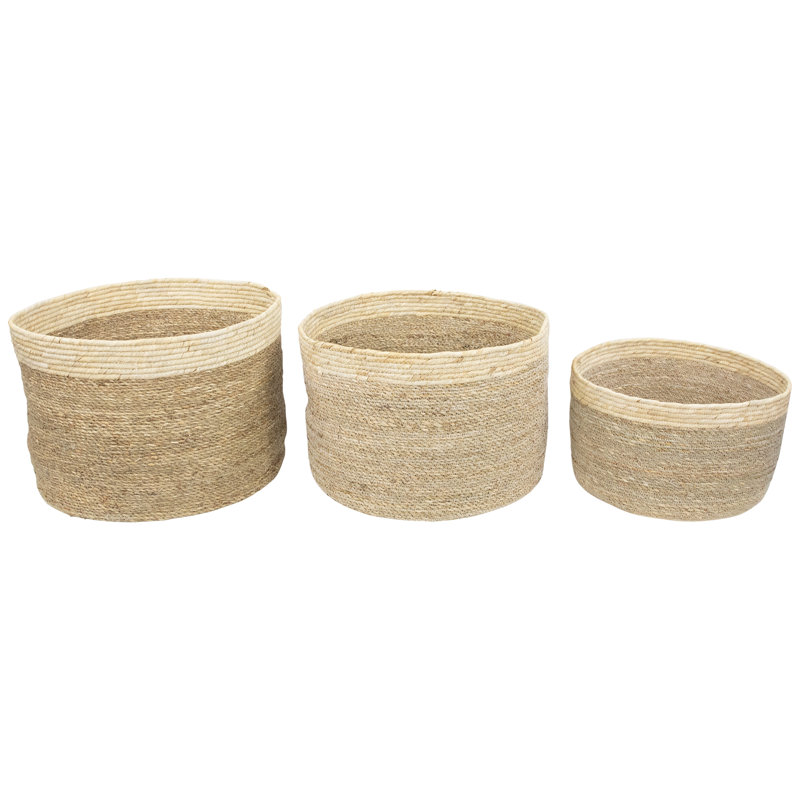 Set Of 3 Twisted Weave And Zig Zag Sewn Seagrass Storage Baskets 16.5"