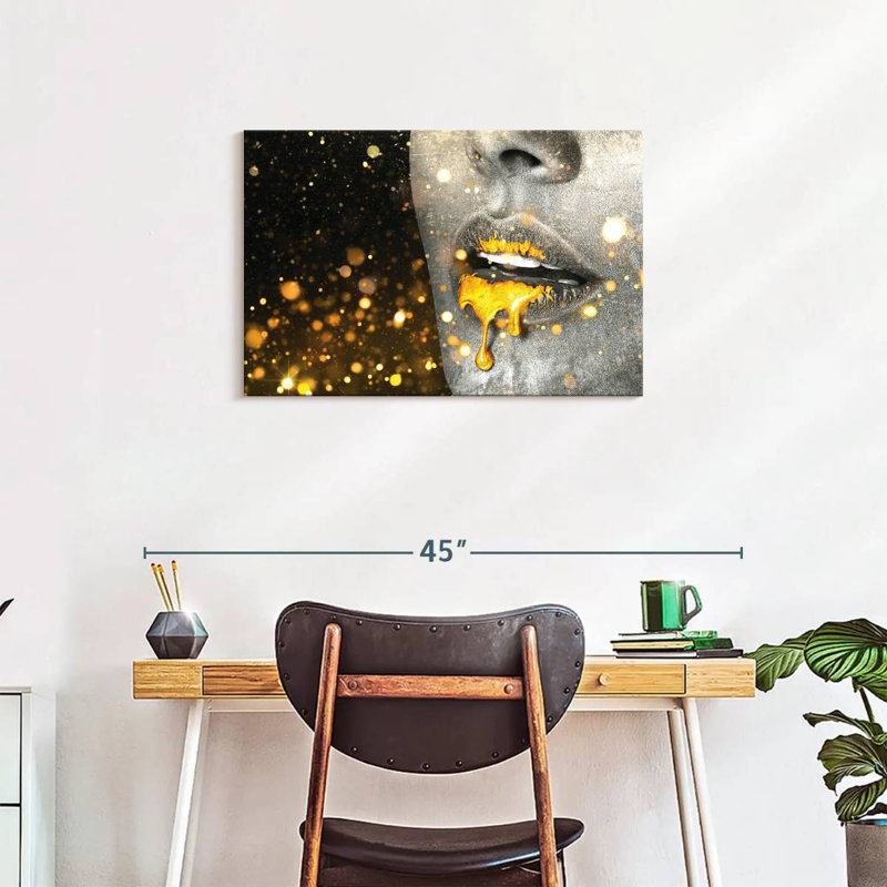 «Gold Glitter Lips Paint Drip» sur toile, H 20 po x l 30 po x P 1,25 po