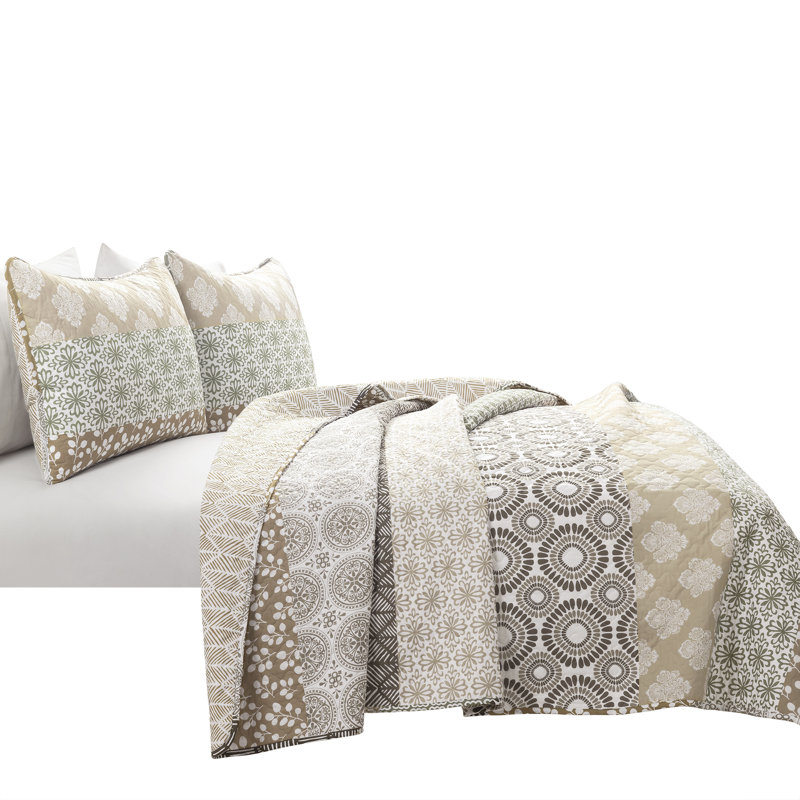 King Neutral Cotton Reversible Bohemian Quilt Set