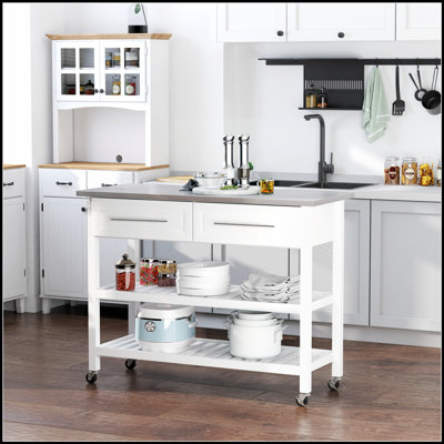 Îlot de cuisine polyvalent avec plateau en acier inoxydable, tablettes ouvertes et tiroirs gris pour une fonctionnalité accrue