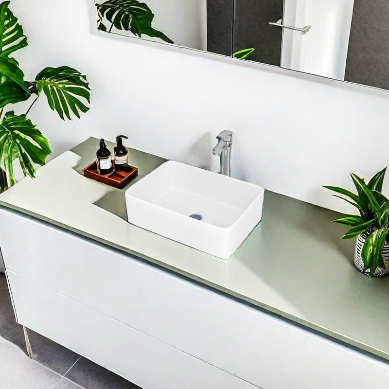 Lavabo de salle de bain rectangulaire en céramique avec robinet APRESSHUI 15 po, Chrome