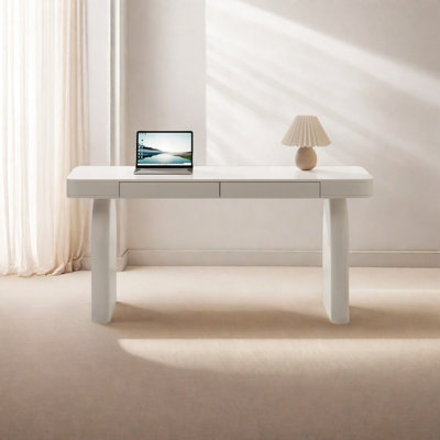 White Rectangular Solid wood multi-layer board with 2 drawers desk