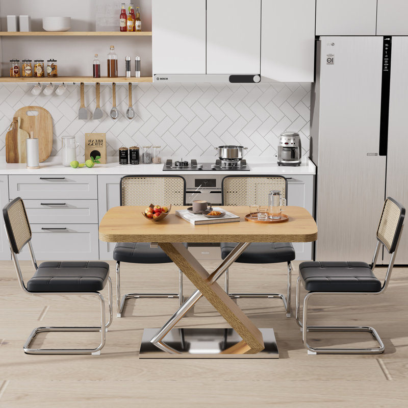 Modern Expandable Space-Saving Dining Table Set, Black, Natural