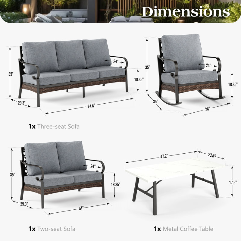 Ensemble de conversation pour l'extérieur 7 personnes avec causeuse et chaises berçantes, Grey