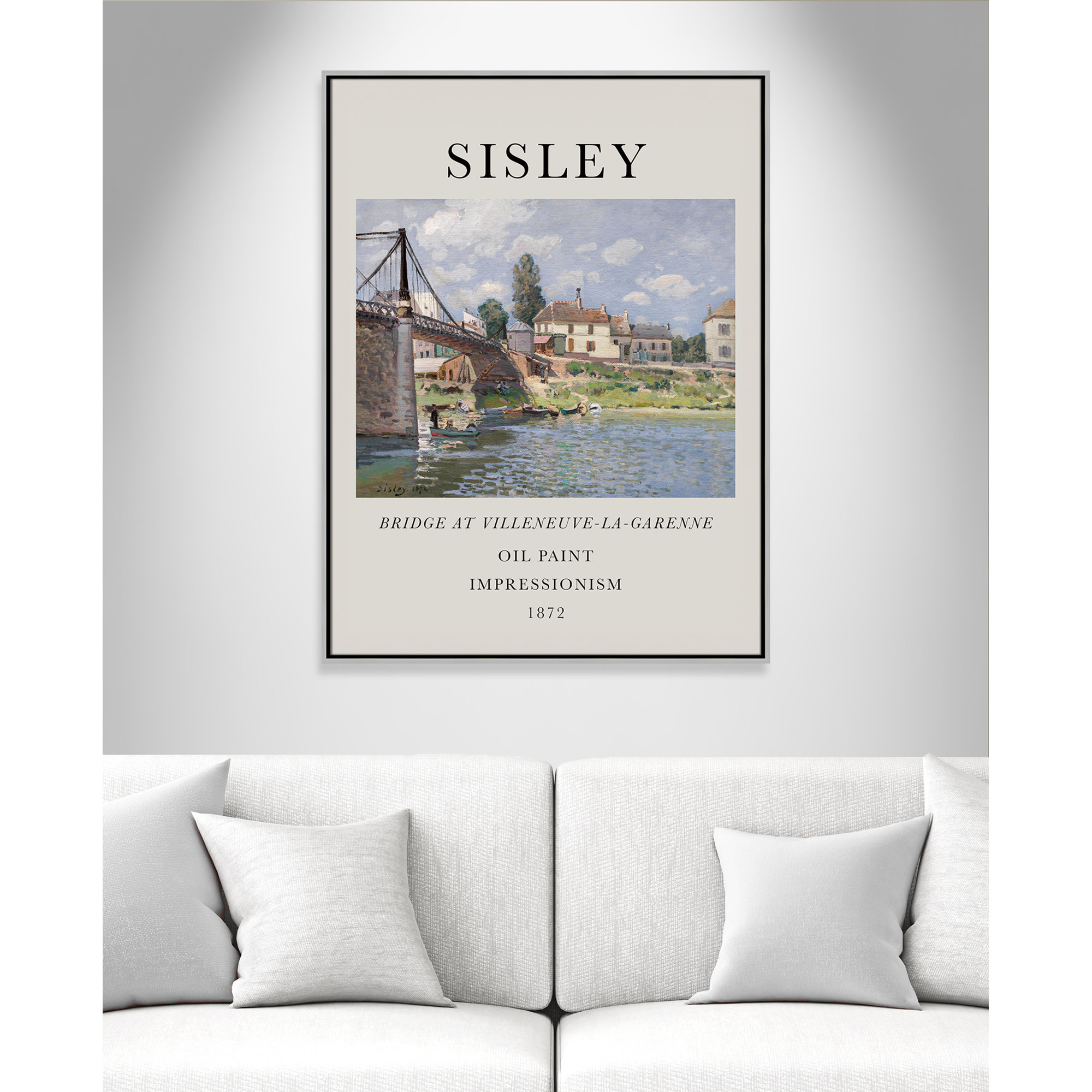 Old Masters Collection " The Bridge At Villeneuve " by Alfred Sisley, Silver Floater Frame, No, 41.5" H x 31.5" W x 2" D