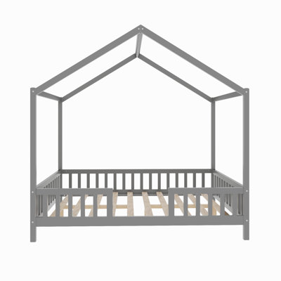 Montessori Floor Bed With Canopy, House Shape Bed Frame With High Railings, Wood Kids Bed With Roof