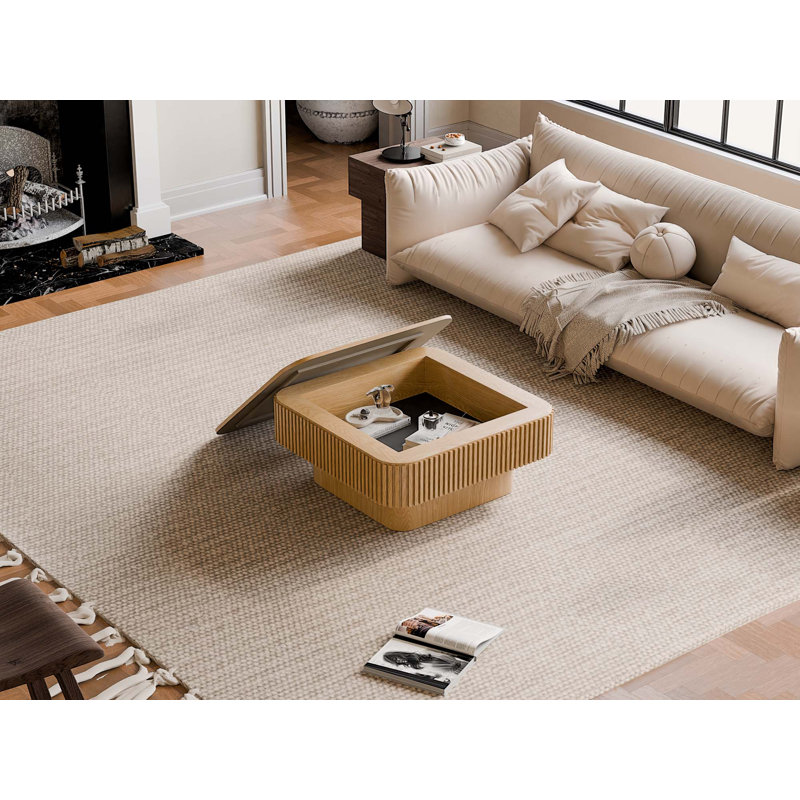 Table basse 31,5 po carrée avec rangement en bois massif plaqué, Bois naturel
