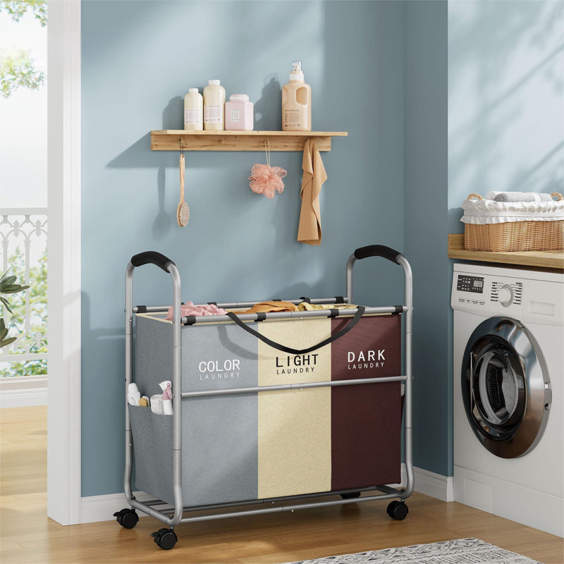 3 Section Laundry Hamper Sorter, Laundry Sorter Cart With Heavy Duty Lockable Wheels And Removable Bags, Laundry Separated Rolling Cart Basket For Clothes Storage, Gray+Beige