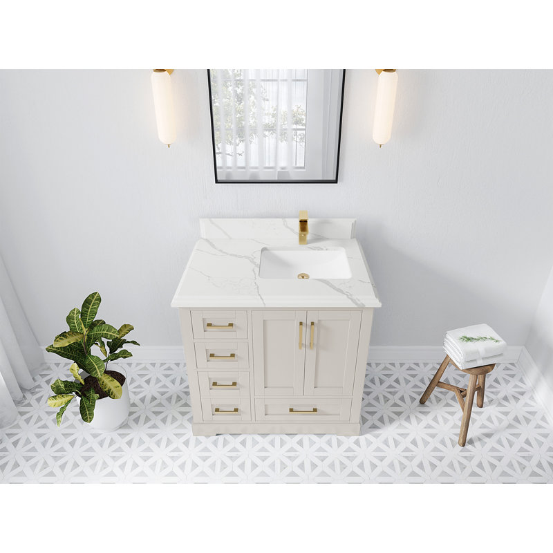 Boston 36 po X P 22 po D Meuble-lavabo de salle de bain décalé à droite en grain fin avec quartz Calacatta Laza