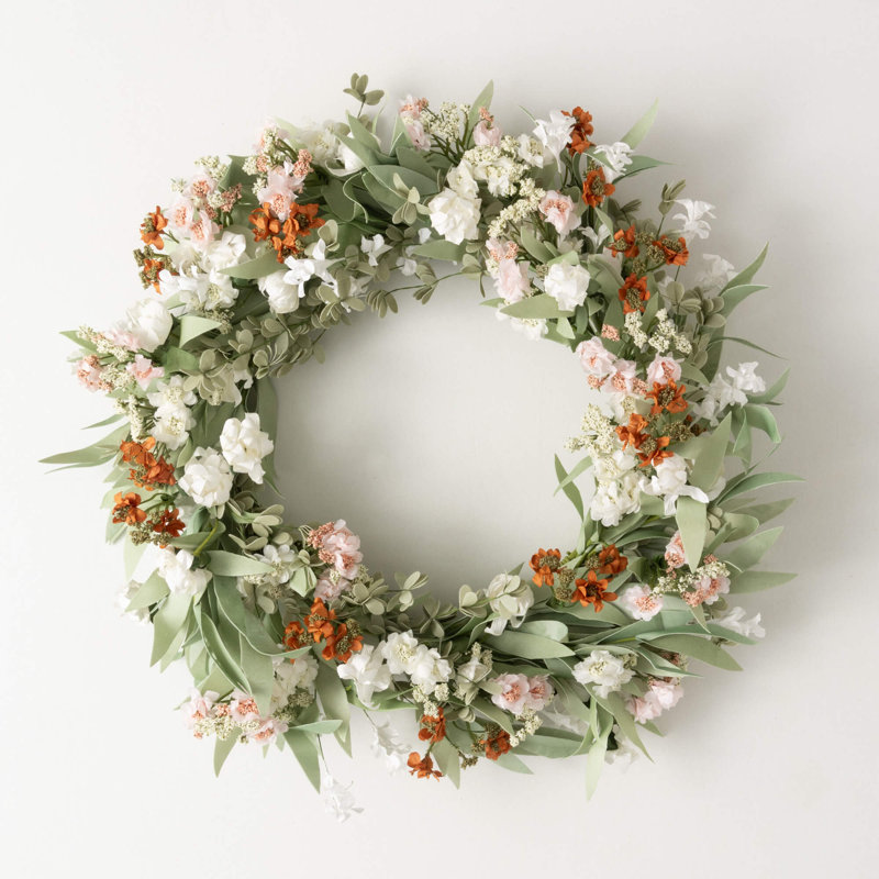 Couronne de fleurs artificielles mixtes; Blanc, L 22 po x H 22 po x P 6 po