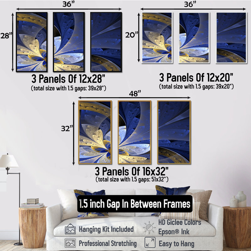 «Blue and Yellow Large Fractal», ensemble d'art mural sur toile à motif floral, H 28 po x l 36 po x P 1 po