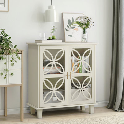 Sideboard Buffet Storage Cabinet , Freestanding Bathroom Cabinet With Tempered Glass Doors, Modern Retro Kitchen Console Table, 2-Door Decorative Storage Cabinet,Cream Color