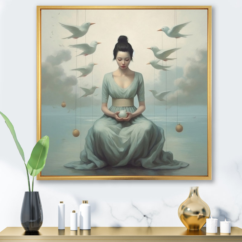 Mindfulness Gracieuse femme, méditation sur toile, Cadre flottant doré, H 36 po x l 36 po x P 1,5 po