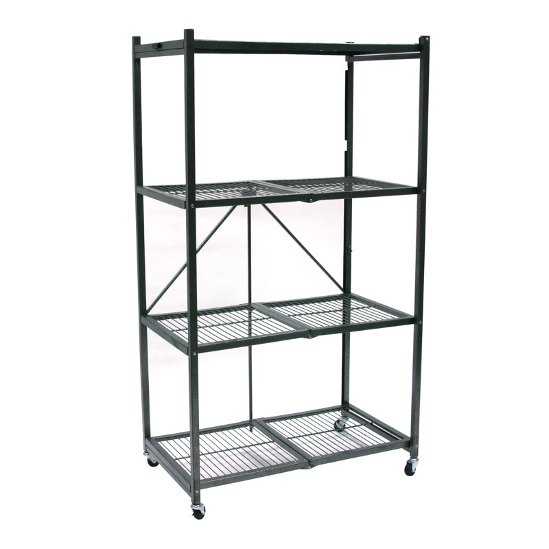 Origami 4 Tier Multipurpose Folding Storage Organizing Rack with Wheels, Black