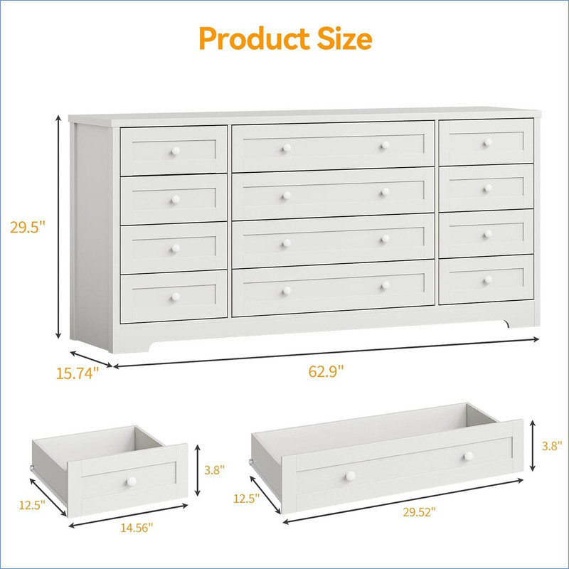 159.8cm W 12 - Drawer Chest of Drawers, White