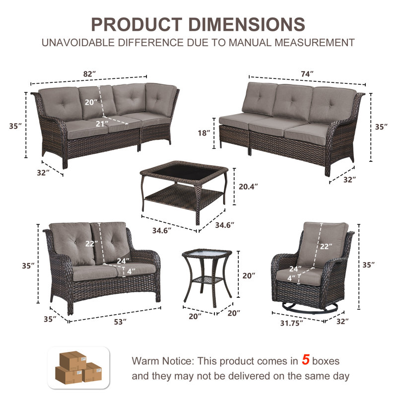 Ensemble de mobilier de jardin en résine tressée de 6 pièces avec causeuse, idéal pour les réunions de famille., Gris