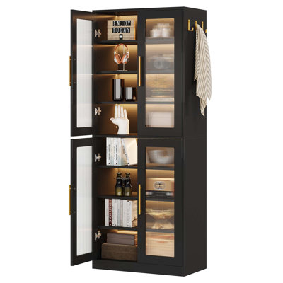Bibliothèque de 67 pouces de hauteur avec portes, éclairage DEL et 8 tablettes réglables pour le rangement dans le salon, le bureau et la chambre à coucher