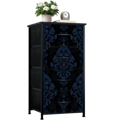 Dresser for Bedroom with 4 Storage Drawers Elegant Dark Blue Damask Floral Motifs Dressers Chest of Drawers Steel Framed Fabric Closet Organizers for Nursery Kids Dorm Entryway