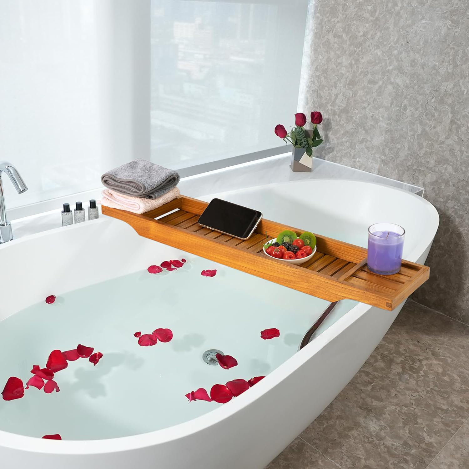 Latitude Run® Teak Bathtub Tray, Wooden Bath Caddy Tray For Bathtub ...