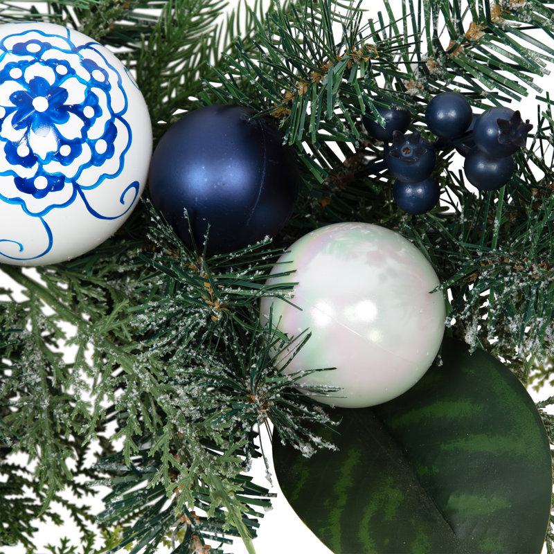 Frosted Pine With Blueberries Bows And Ornaments Christmas Garland - 6' X 8" - Unlit