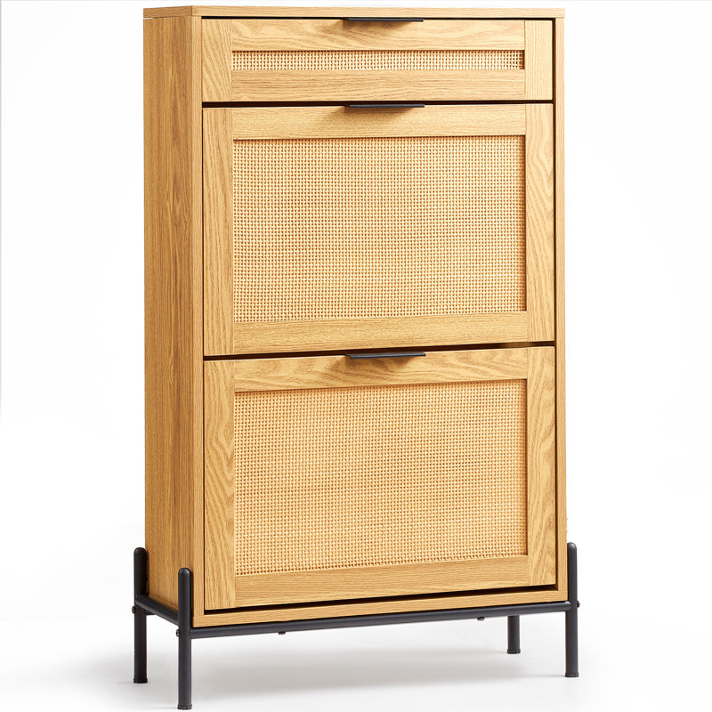 Rattan Shoe Cabinet, Narrow Shoe Storage Organizer with 2 Flip Rattan Drawers & 1 Slide Drawer, Beige Wood