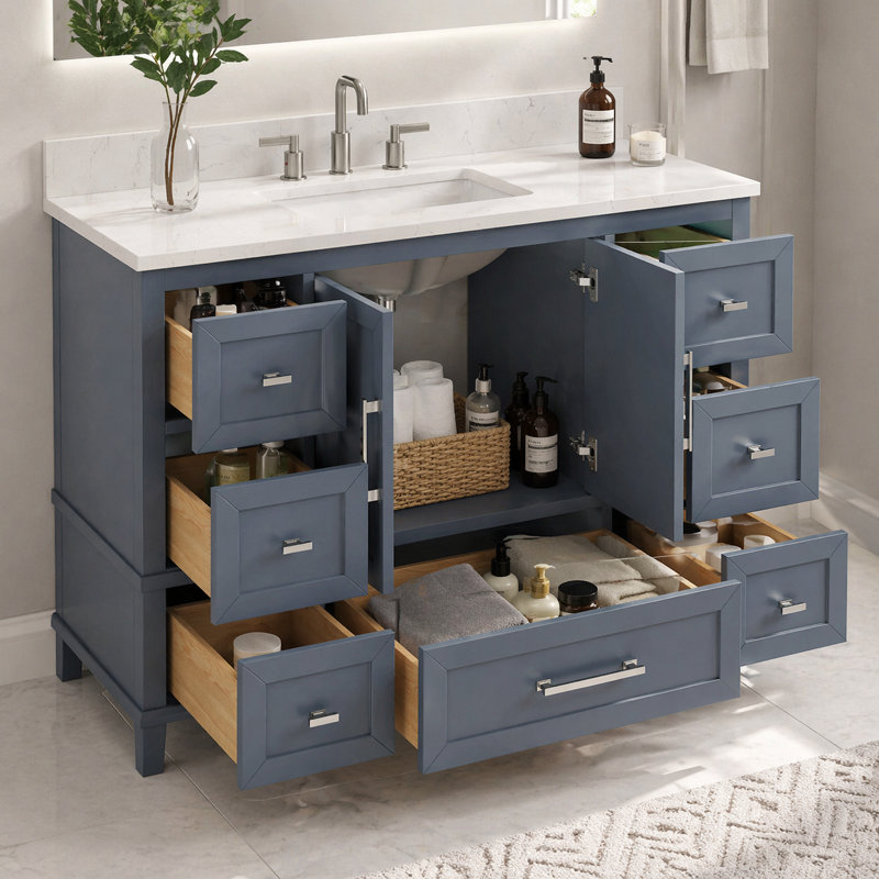 Ensemble de meuble-lavabo autoportant 48 po Abramowitz avec plateau en pierre blanche Carrara