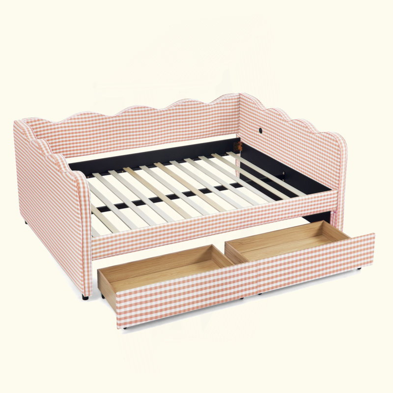 Lit de jour confortable en vichy avec deux tiroirs de rangement, avec port USB et adorable tissu en forme de vague, Rose