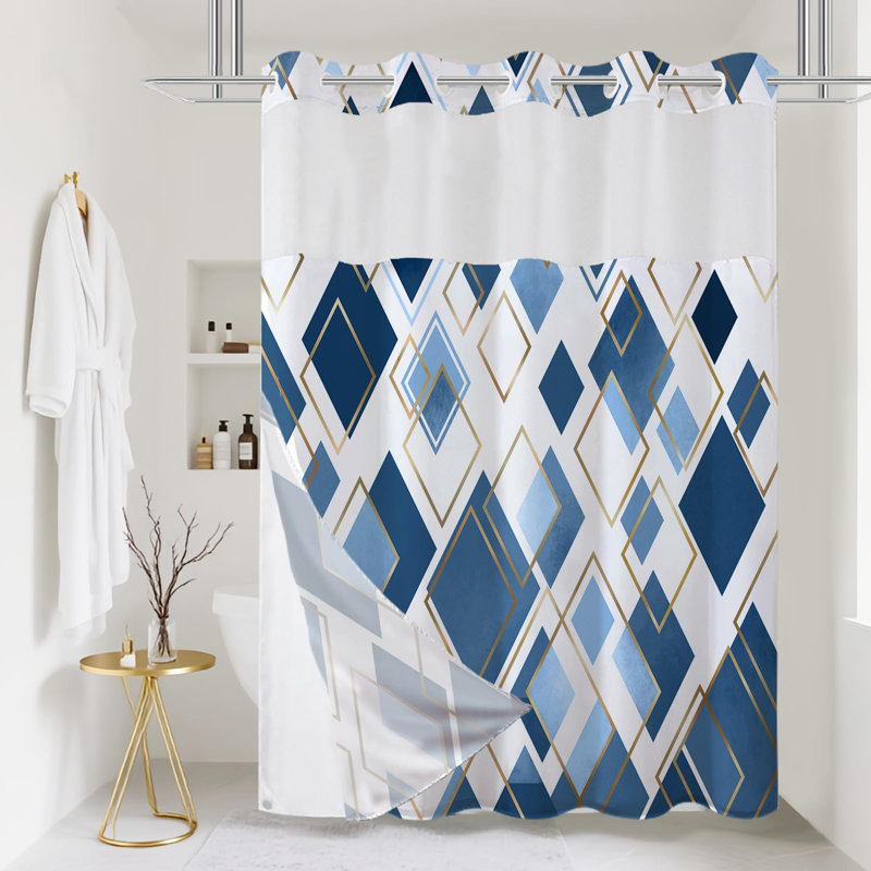 No Hook Geometric Shower Curtain With Snap-In Fabric Liner Set - Navy Blue Hotel Style, Modern Abstract Bathroom Decor Curtain, 71"X74"