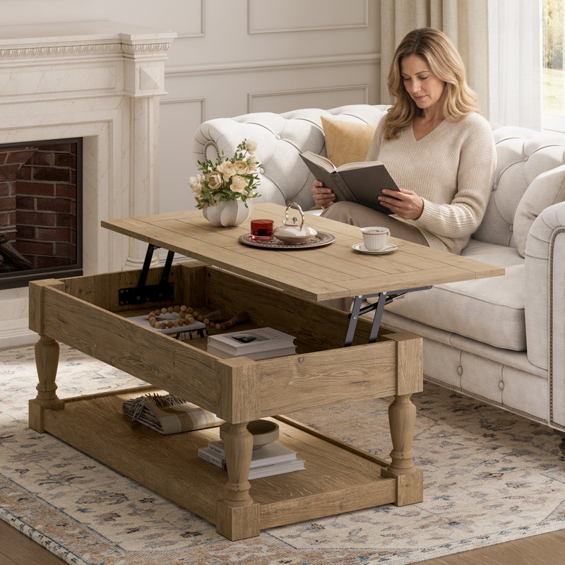 Table basse relevable avec pieds en bois massif sculpté - rangement caché, table de salon rustique moderne, Bois Narual